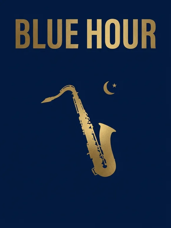 A minimalist poster for a jazz night called "BLUE HOUR", bold sans-serif title, deep navy and brass colours, one saxophone silhouette, lots of negative space