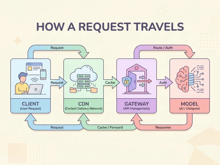 Flat vector infographic titled "HOW A REQUEST TRAVELS" showing four labelled steps: Client, CDN, Gateway, Model, connected by arrows, clean pastel palette